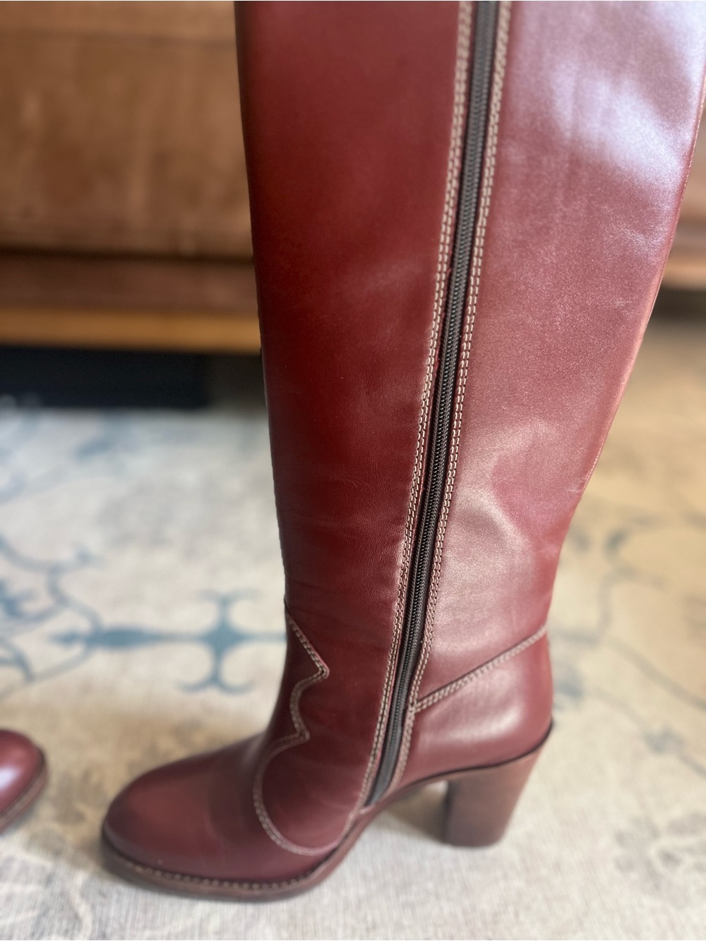 FRYE AND CO. Corinne Tall Deco Stitch Burgundy Leather Knee-High Heeled Boots - Picture 3 of 10